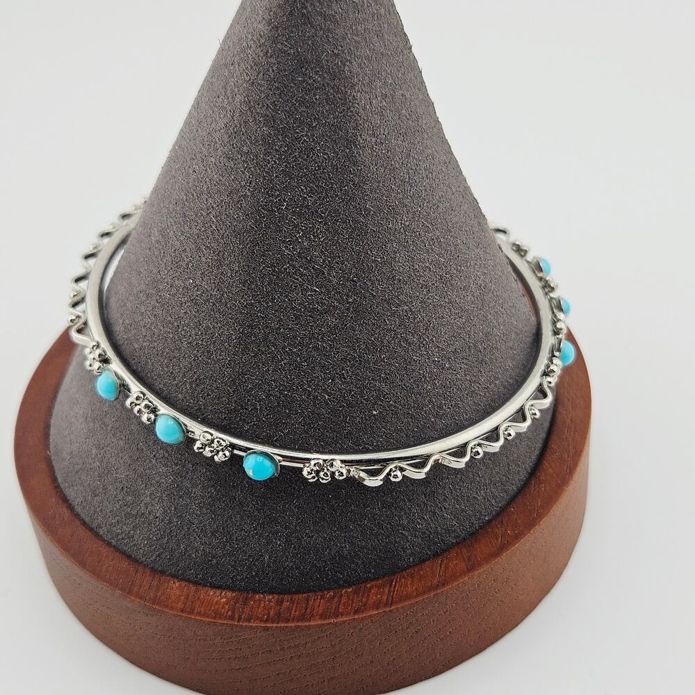 Silver Tone Thin Bangle Bracelet Turquoise Stone Accents Swirl Dainty Fairycore